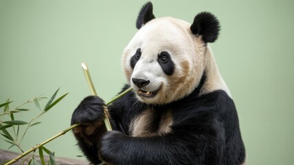 Fototapeta premium A giant panda munching bamboo shoots shows off its distinctive black and white fur in closeup.