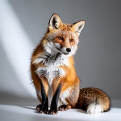 Fototapeta premium A majestic fox sits posed against a neutral backdrop, beautifully lit and full of character.