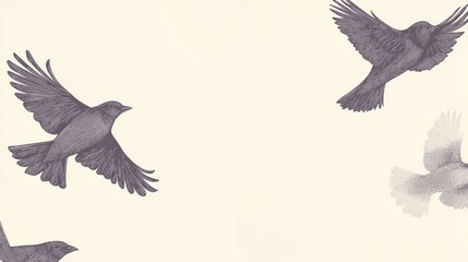 Fototapeta premium Feathered friends soaring through the air. A gentle, artistic depiction of birds in flight against a light background