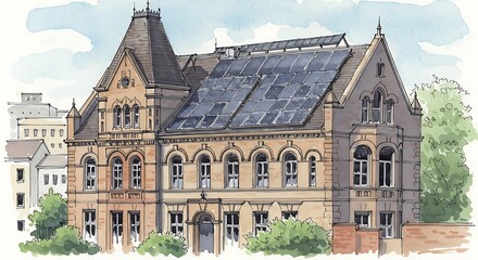 Naklejka premium Solar Embrace: A Watercolor Study in Architectural Harmony