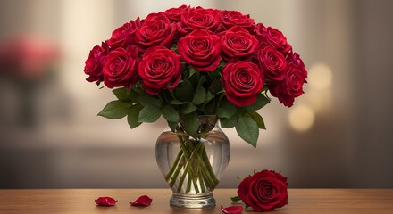 Red Roses in Vase on Table