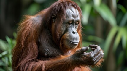 Fototapeta premium Contemplative Orangutan gazes thoughtfully in a lush green forest, with a soft, gentle expression.
