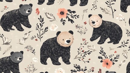 Cute bears and flowers pattern