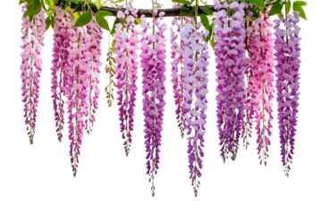 Wisteria flowers hanging from the ceiling, in a pink color, with a transparent background