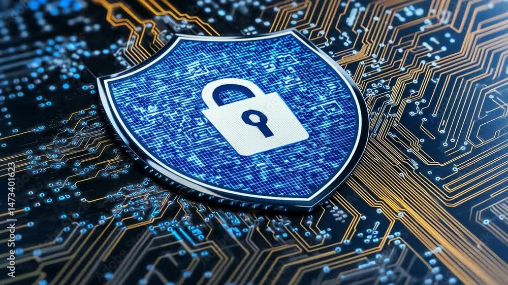 Poster digital security shield with padlock on circuit board, ensuring technology protection against cyber 
