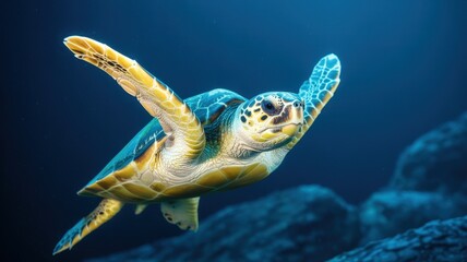 Obraz premium Majestic sea turtle gracefully swims in the deep blue ocean water with outstretched flippers.