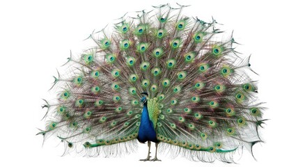 A vibrant peacock proudly displays its iridescent and elaborate plumage against a white backdrop.