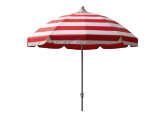 Red and white striped umbrella isolated on transparent background, summer, beach, sun protection.