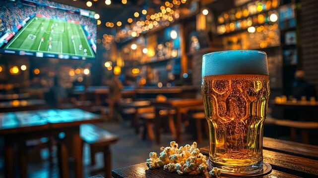 Enjoying Sports Night with Refreshing Beer and Popcorn at Lively Bar for Ultimate Entertainment