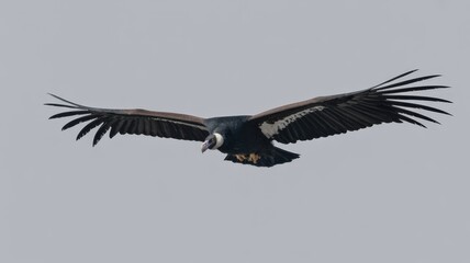 Obraz premium Majestic Andean condor soars with fully extended wings against a soft, overcast sky background.