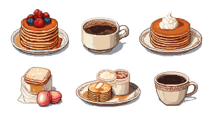 ピクセルアート風のコーヒーとパンケーキのドット絵イラスト素材セット｜ドット風レトロスタイルの朝食メニューを描いたシンプルで可愛いゲーム風アイコン・スプライト集