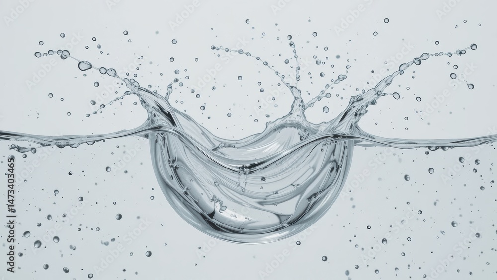 Poster dynamic water splash creating circular shape and ripples against a light background