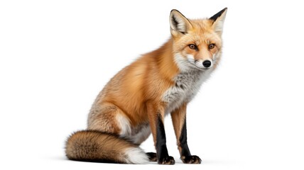 Fototapeta premium A red fox sits gracefully with a thoughtful, serene expression against a plain, white background.