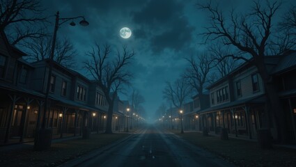Eerie Abandoned Town Street Under Moonlight with Shadowy Trees and Flickering Lanterns at Night