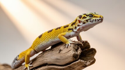 Naklejka premium A leopard gecko showcases its vibrant yellow and black spotted skin while perched on driftwood.