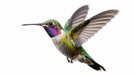 Fototapeta premium A vibrant hummingbird hovers mid-flight, exhibiting iridescent plumage against a white backdrop.