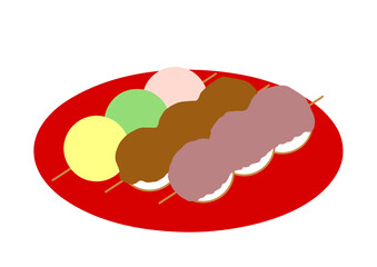 赤い皿の3種類の団子(3色とみたらしと餡子)