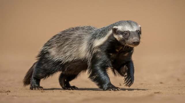 Honey badger confidently strides across sandy terrain with determination and a wild, untamed spirit.