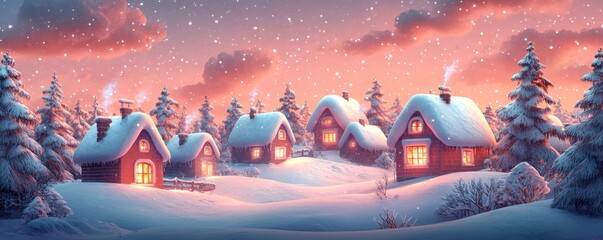 unique winter scene illustration with a snow-covered village, featuring warm glowing windows in a stylized format, Generative AI