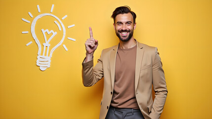 A smiling man pointing upward with a lightbulb doodle behind him
