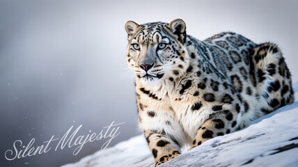 Obraz premium A striking snow leopard with piercing eyes lies on snow, exuding a sense of power and grace.