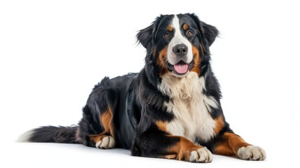 A Bernese Mountain Dog lies calmly against a white backdrop, displaying its thick, tri-colored fur.