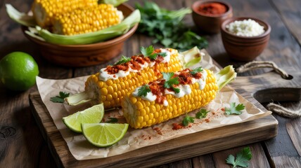 Mexican Street Corn (Elote) with Cream, Cheese, Chili, and Lime.