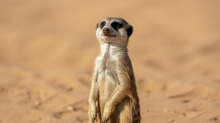 A curious meerkat stands alert on tan sand, surveying its surroundings with watchful eyes.
