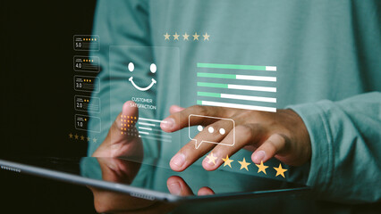 Customer review satisfaction feedback survey concept. 5 star score, Hand touching and doing mark to...