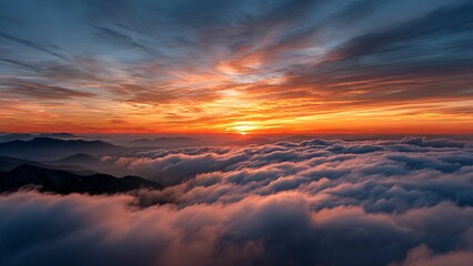 Fiery Orange Sunrise Over Clouds and Mountain Silhouettes
