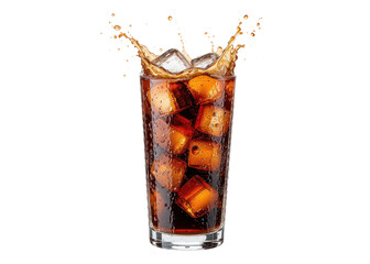 Glass of cola with ice and splash, isolated on transparent background. Refreshment, Beverage, Drink.