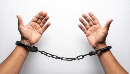 Close up photo of  two chained hands against a plain white background