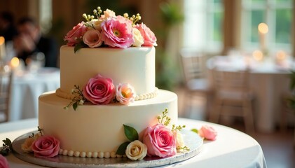 Elegant wedding cake adorned with flowers, ready for the reception A beautiful centerpiece , sugar, pastry, festive
