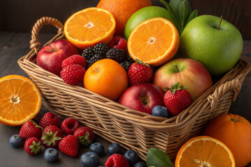 Vibrant Assortment of Fresh Fruits Like Oranges and Apples in Basket Showcasing Colors for Healthy Balanced Diet