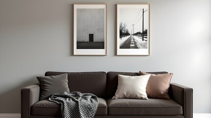 Cozy Living Room with Sofa, Framed Art, and Neutral Tones