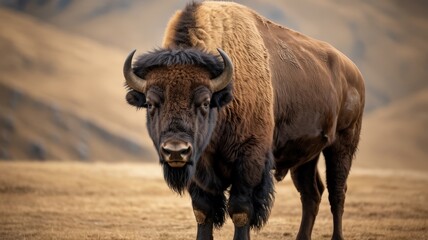 Majestic bison stands proudly in a serene, expansive field, its fur blending with earth tones.