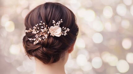 Elegant Hairstyle Adorned with a Floral Hair Accessory, Soft Bokeh Background.