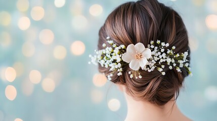 Elegant Hairstyle Adorned with a Floral Hair Accessory, Soft Bokeh Background.