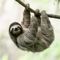 Fototapeta premium A cute sloth hangs upside down from a tree branch, it is looking towards the viewer.