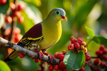 Thick-Billed Green Pigeon Perched Among Tropical Foliage and Berries
