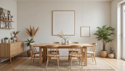 Minimalist Wooden Dining Room with Natural Plants and Neutral Decor in Bright Interior Space
