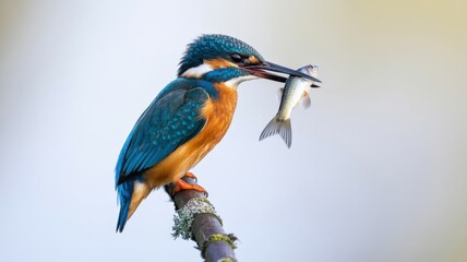 Fototapeta premium Striking kingfisher perched on a branch, displaying its fresh catch, a silver fish in its beak.