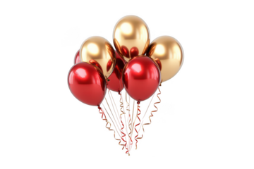 Arrangement of gold and red balloons with ribbons on transparent background png