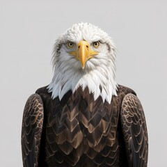 Fototapeta premium Majestic portrait captures a bald eagle staring intently, with striking plumage on a plain backdrop.