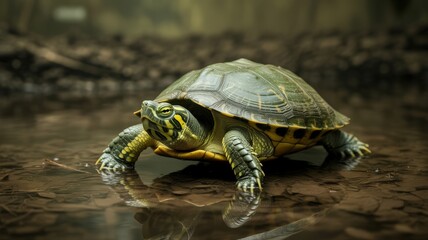 Obraz premium A colorful turtle wades through shallow, muddy water, its shell glistening with wet earth tones.