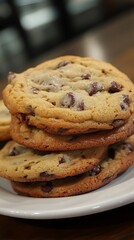 Stack of three delicious chocolate chip cookies are displayed on a white plate