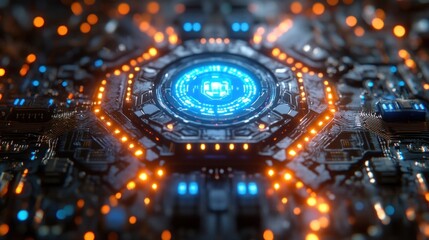 Obraz premium Futuristic Technological Core: A Glowing Cyberpunk Circuit Board