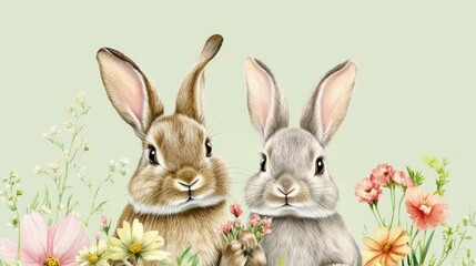 Cute bunnies in a garden of flowers