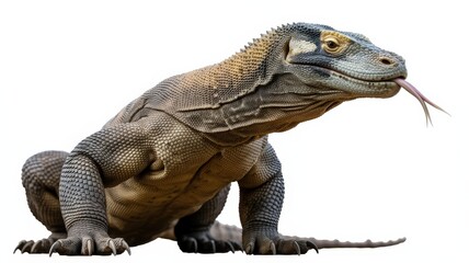 Obraz premium Close-up of a ladybug with black spots crawling on a green leaf against a white background.