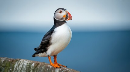 Naklejka premium A vibrant puffin stands proudly on a weathered rock against the soft blue of sea and sky.